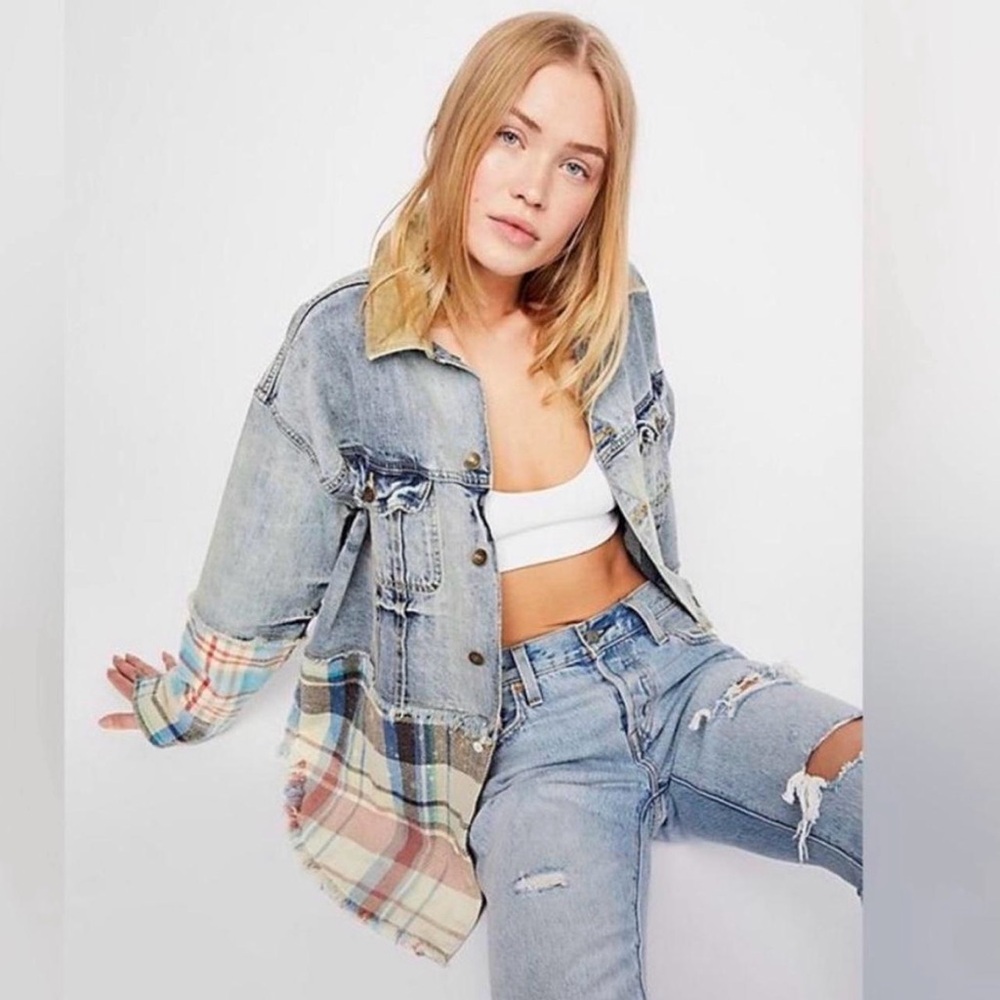 Plaid-Trim Light Wash Denim Jacket - Women